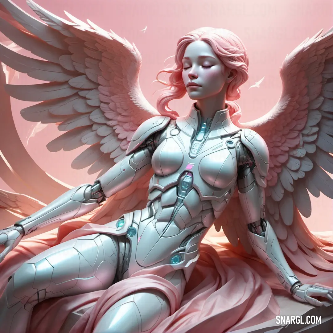 Archangel with wings on a rock with a pink background and a pink sky behind her