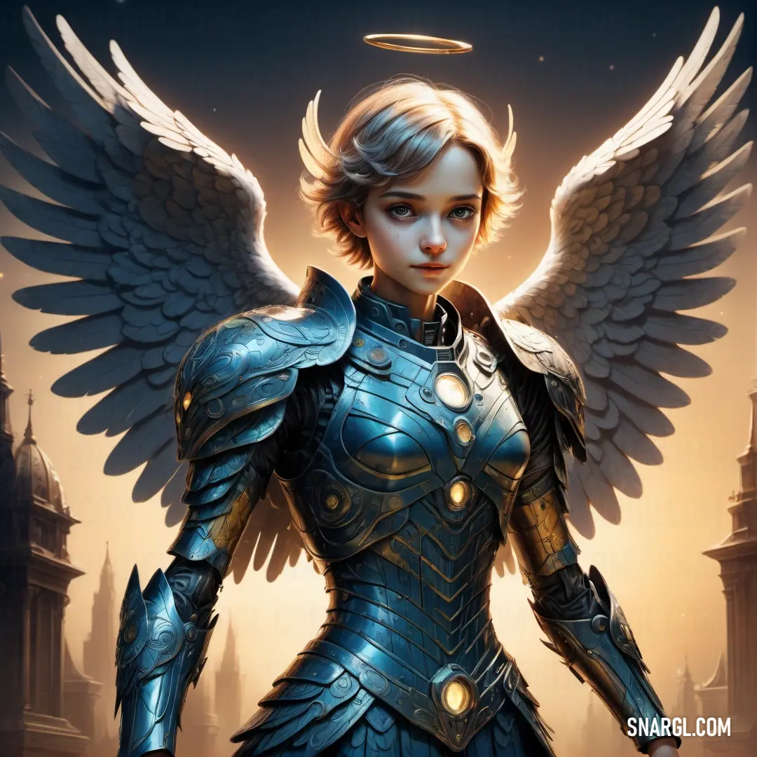Archangel with wings and armor standing in front of a cityscape with a halo above her head