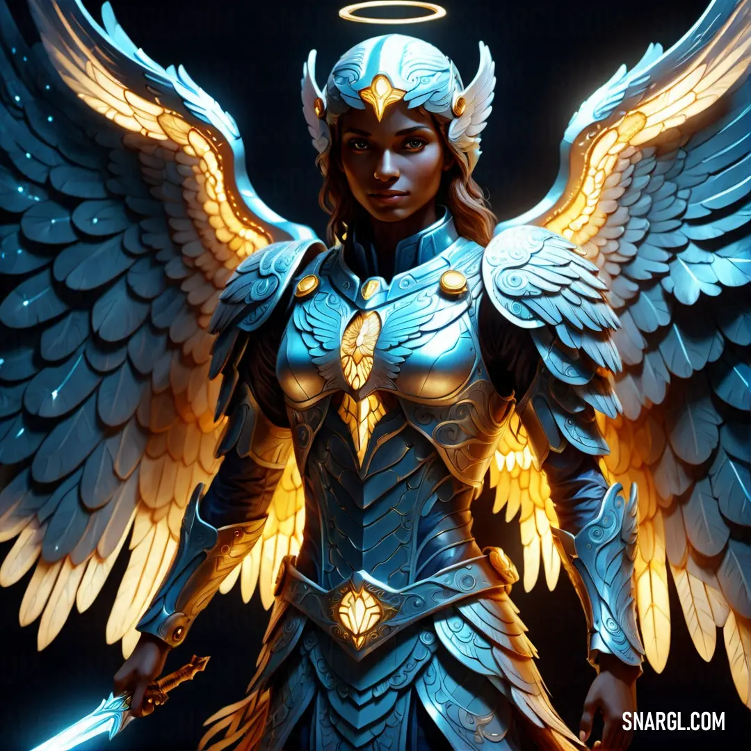 Archangel with wings and a sword in her hand and a halo around her head