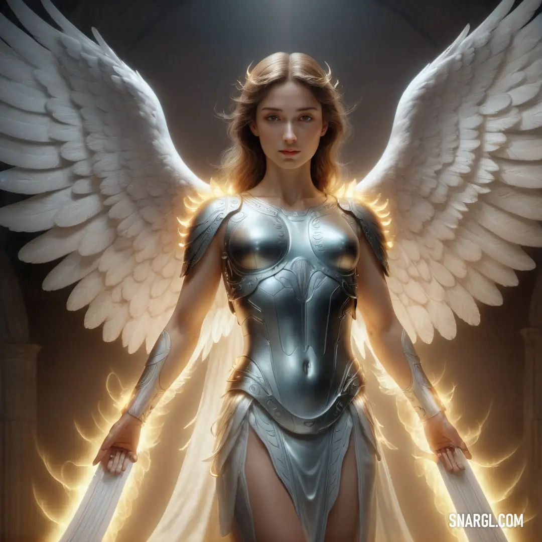 Archangel with wings and a sword in her hand and a halo around her neck and chest