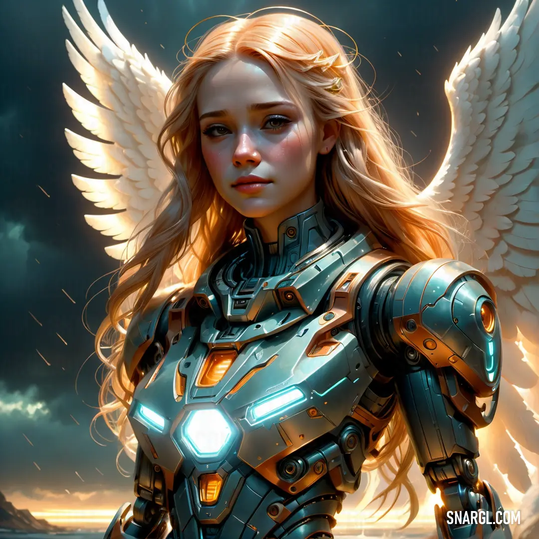 Archangel with wings and a suit on is standing in front of a dark sky with clouds and lightning