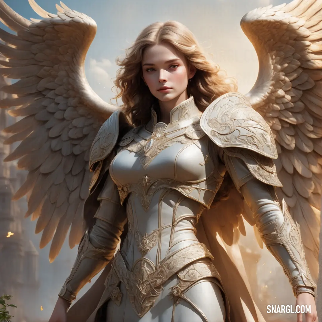 Archangel with wings and a white outfit is standing in front of a sky background with clouds and a building