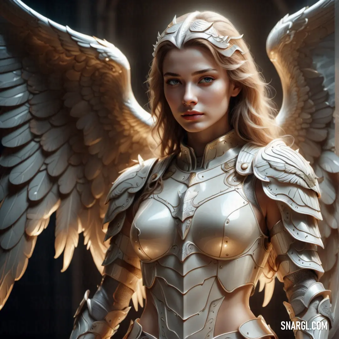 Archangel with wings on her chest and a white outfit on her chest and a black background