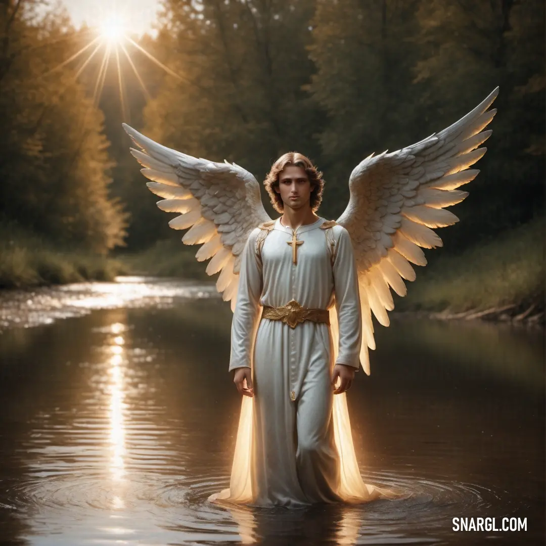 Archangel with wings standing in a river with trees in the background and sunlight shining through her wings