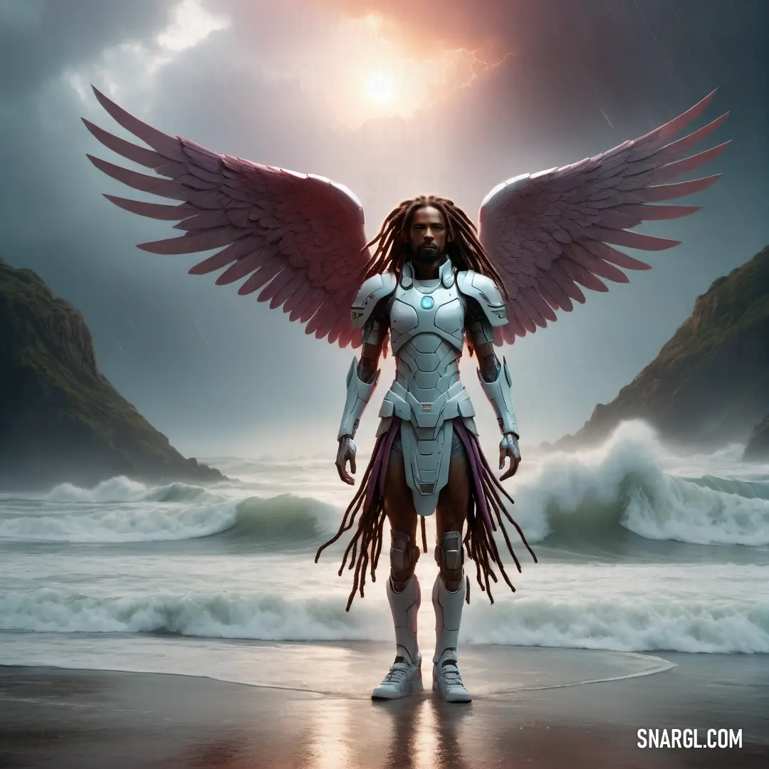 Archangel with wings standing on a beach near the ocean with a sunset in the background