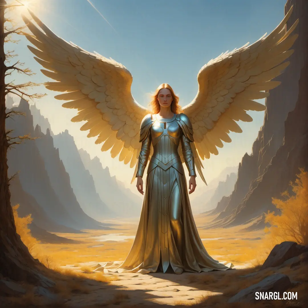 Archangel with wings standing in a desert area with trees and rocks in the background