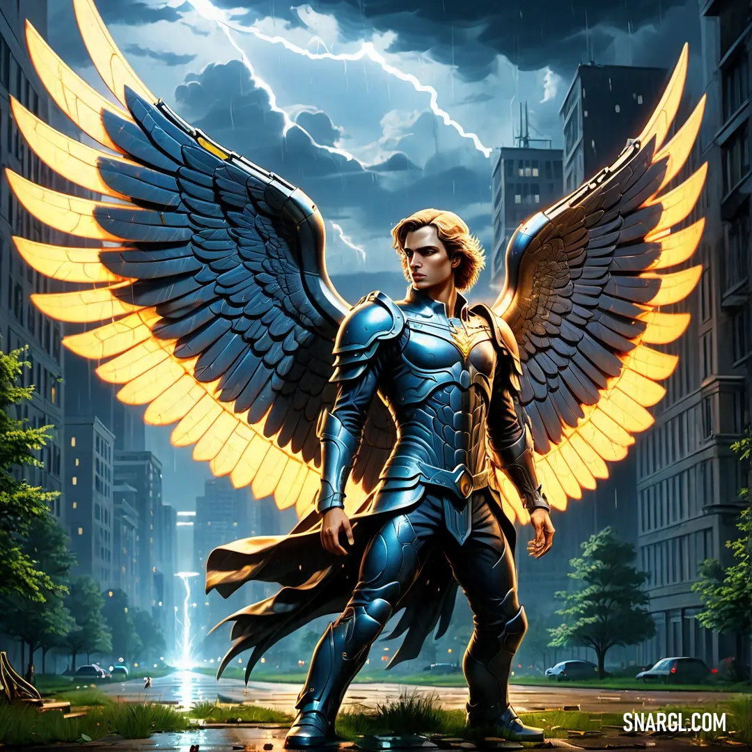 Archangel with wings standing in a city street with a cityscape in the background and a building with a lightning bolt