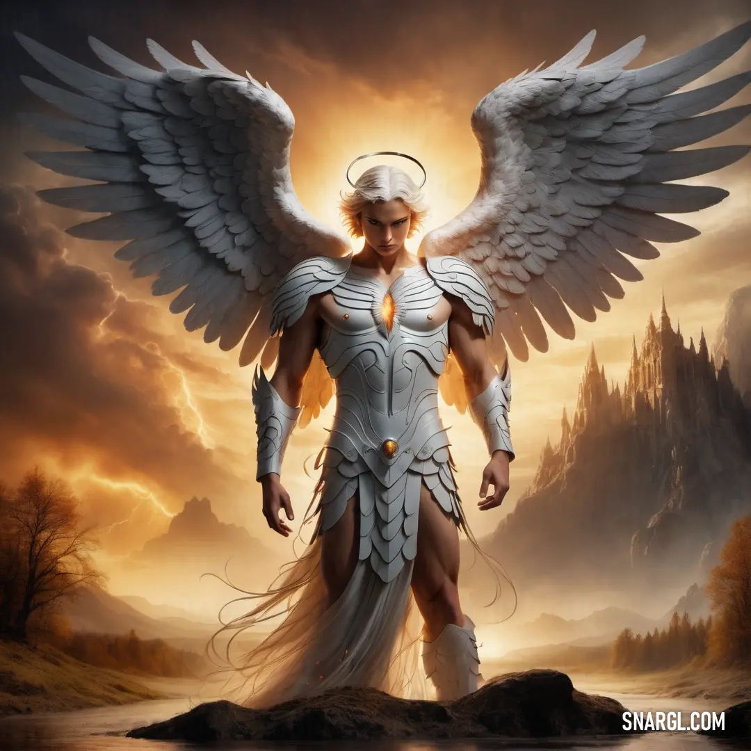 Archangel with wings standing in front of a lake with a mountain in the background and a sky with clouds