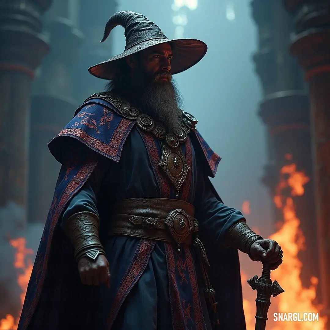 A powerful figure in an elegant hat and robe wields a sword boldly in front of a fiery backdrop, embodying courage and strength in the face of adversity. Bathed in fiery hues, a powerful figure wearing a hat and robe brandishes a sword, standing resolutely against a backdrop of flames, representing fierce determination amidst the chaos of battle.