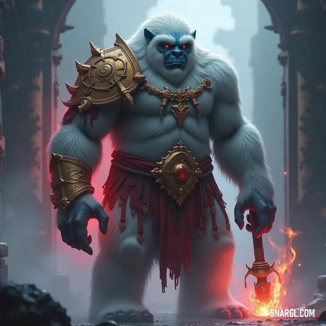A giant Arctic Beast, covered in thick fur, holds a sword, standing in the middle of a harsh, snowy wilderness. A massive Arctic Beast, its fur thick and matted against the cold, wields a large sword in its powerful hand. The beast looms over the snowy terrain, ready to face any challenge that crosses its path.