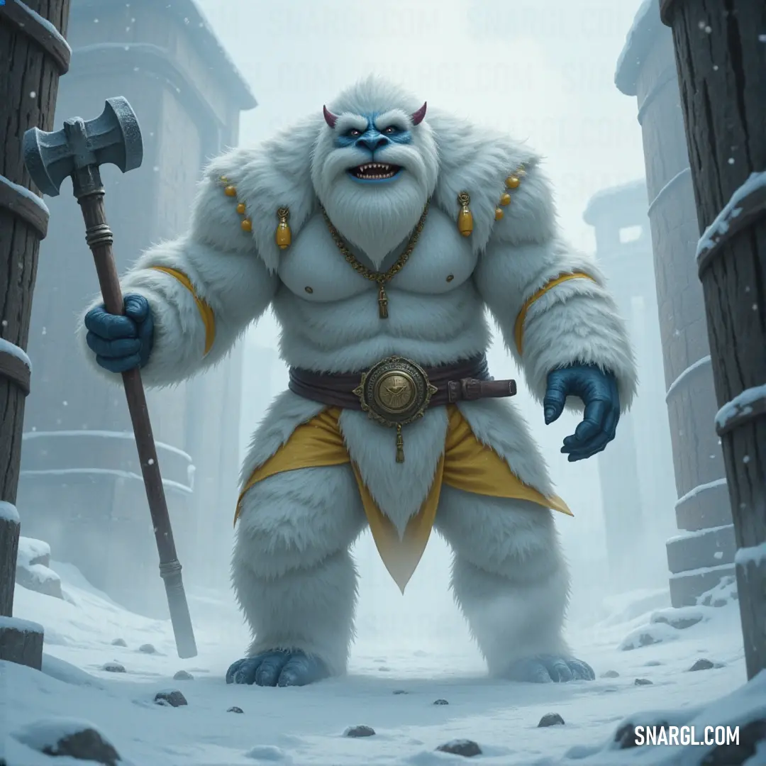 A giant Arctic Demon, with a white, furry body and long beard, wielding a hammer and standing as an ancient guardian of the icy lands. A massive Arctic Demon, his furry white body and long beard almost blending into the snow, grips a large hammer in his hand. His presence is both formidable and ancient, as if he has stood watch over the frozen world for eons.