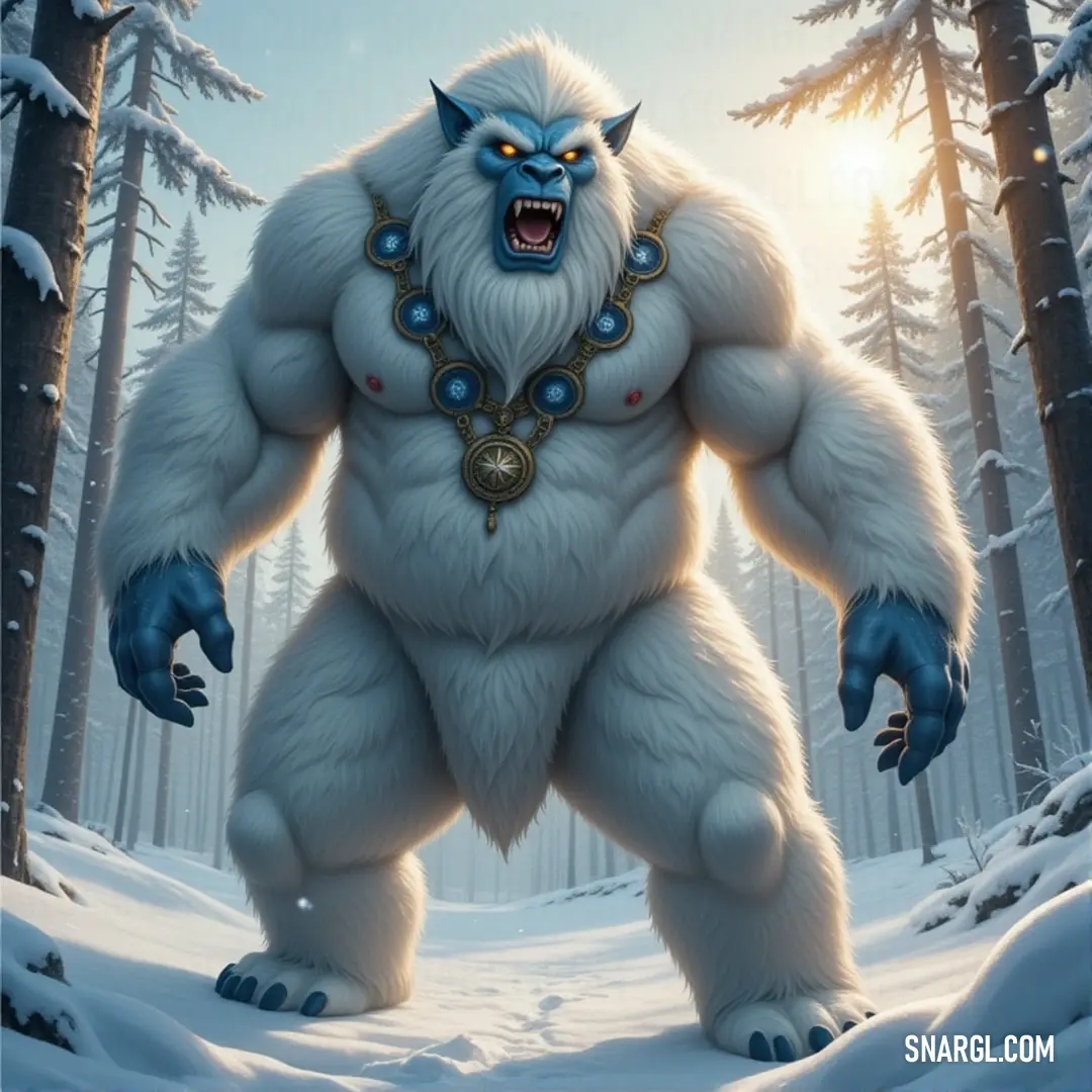 An Arctic Fiend, a towering and furry giant, looms over a snow-covered forest, its presence as mighty as the winter storm. A colossal Arctic Fiend stands amidst a snowy forest, its large furry form towering over the landscape. The trees are blanketed in snow, and the air feels thick with the presence of this enormous creature, part guardian, part terror.