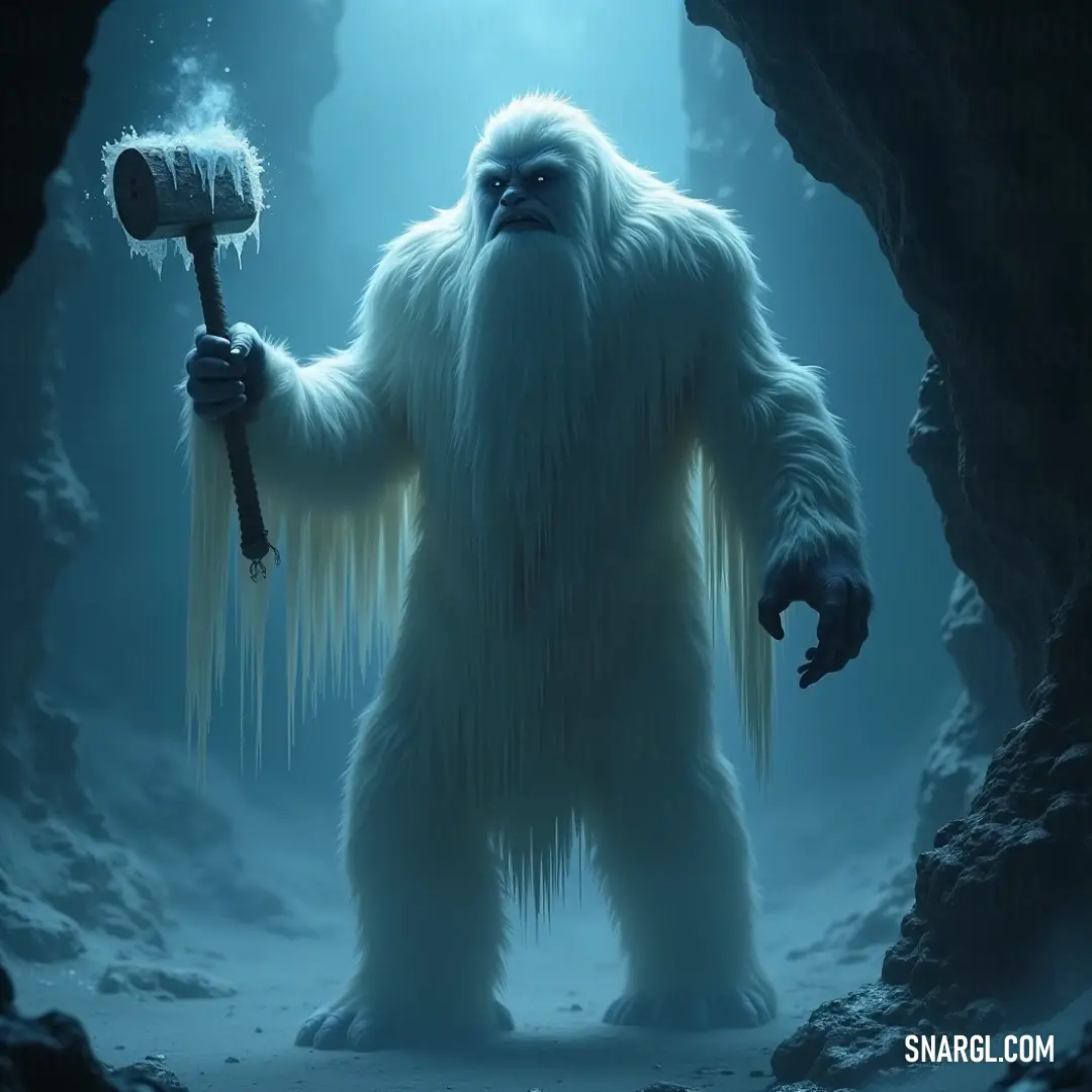An immense Arctic Wraith with a brush in its hand, its icy face illuminated by a light in a frozen cave. A colossal white Arctic Wraith, covered in fur, stands in a dark cave. Holding a paintbrush, its icy visage reflects the light that shines on its face, creating a chilling yet captivating atmosphere within the cave’s frozen walls.