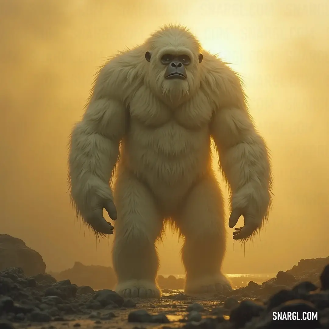 A grand, fluffy white Arctic Yeti gazes over a rocky beach at sunset, enveloped in warm hues of orange and yellow, while a silhouette of a person adds a sense of scale to the breathtaking scenery. A massive, fluffy white Arctic Yeti proudly perches on a rocky beach at sunset, a glowing sun casting a warm golden light, while a curious person stands on the rocks, capturing the serene yet wild beauty of the moment.