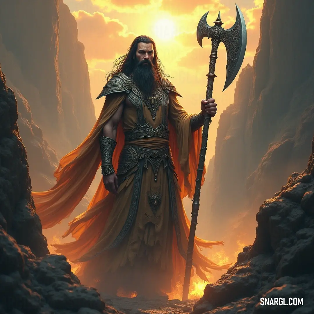 An ageless warrior with a long beard grips a large axe within a cave adorned by a breathtaking sunset, embodying the spirit of adventure and the timeless tales of the past. In a mystical cavern bathed in twilight, an ancient figure with a long beard wields a massive axe, surrounded by the warm hues of a setting sun that spill through the cave's entrance, creating an atmosphere of adventure and forgotten legends.