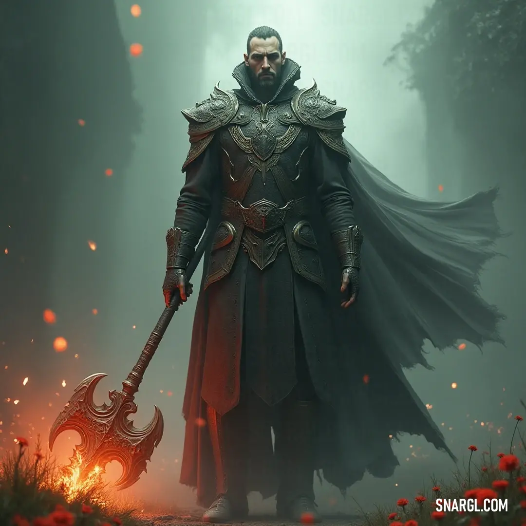 A dramatic figure in a dark coat wields an axe amidst vibrant red flowers and billowing flames, merging strength and beauty in a fierce tableau. A dramatic scene unfolds as a figure in a dark coat brandishes a large axe, surrounded by vibrant red flowers against a backdrop of billowing flames, evoking strength and a connection to nature's beauty.