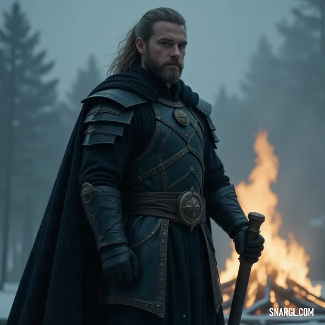 A fierce figure in black wields a sword in front of towering flames, a testament to courage and resilience in chaotic moments. Emitting a chilling allure, a fierce figure clad in black stands before towering flames, gripping a sword with a determined gaze, embodying the essence of bravery amid chaos and fire.