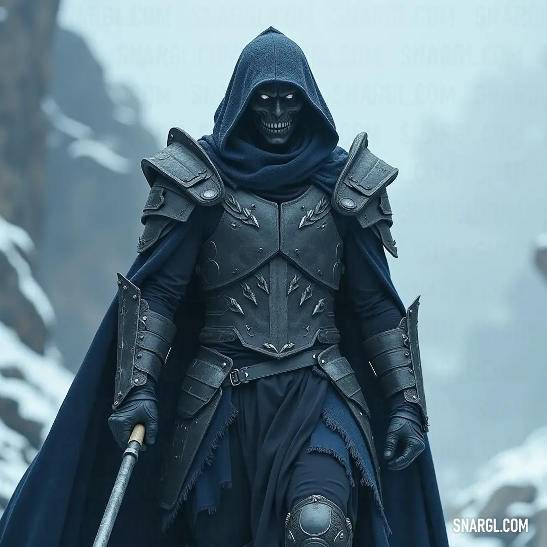 A cloaked figure shrouded in darkness grips a gleaming sword, standing poised with an air of mystery against an unseen threat, his features obscured by the hood that envelops him.