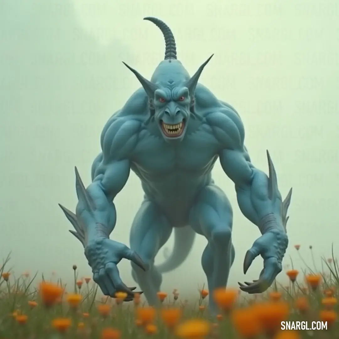 A striking blue creature with horns and claws stands elegantly in a colorful field of blossoming flowers, a captivating sight. An awe-inspiring blue creature with formidable horns and claws stands gracefully amidst a vibrant field of blooming flowers, creating a stunning contrast against the natural beauty surrounding it.