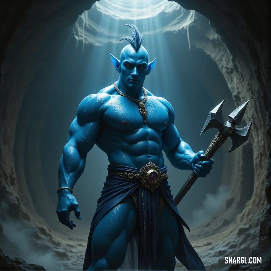 Blue Ard, holding a large hammer with a glowing halo around him, stands ready for action, his divine aura unmistakable. Blue Ard grips a large hammer, his powerful frame illuminated by a radiant halo that surrounds his neck and shoulders. His presence radiates strength and authority, as he stands ready to strike in a moment of divine power.