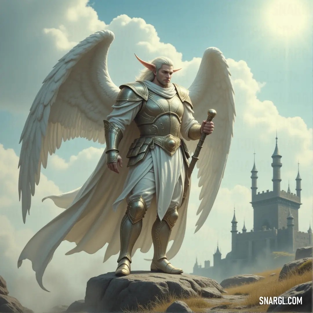 A celestial warrior angel wielding a sword in front of a grand castle with a spire, exuding strength and elegance. A powerful male angel stands tall on a rocky outcrop, gripping a sword and clad in ornate armor. Behind him, a majestic castle with a towering spire rises against the horizon, creating an air of divine strength and ancient mystery.