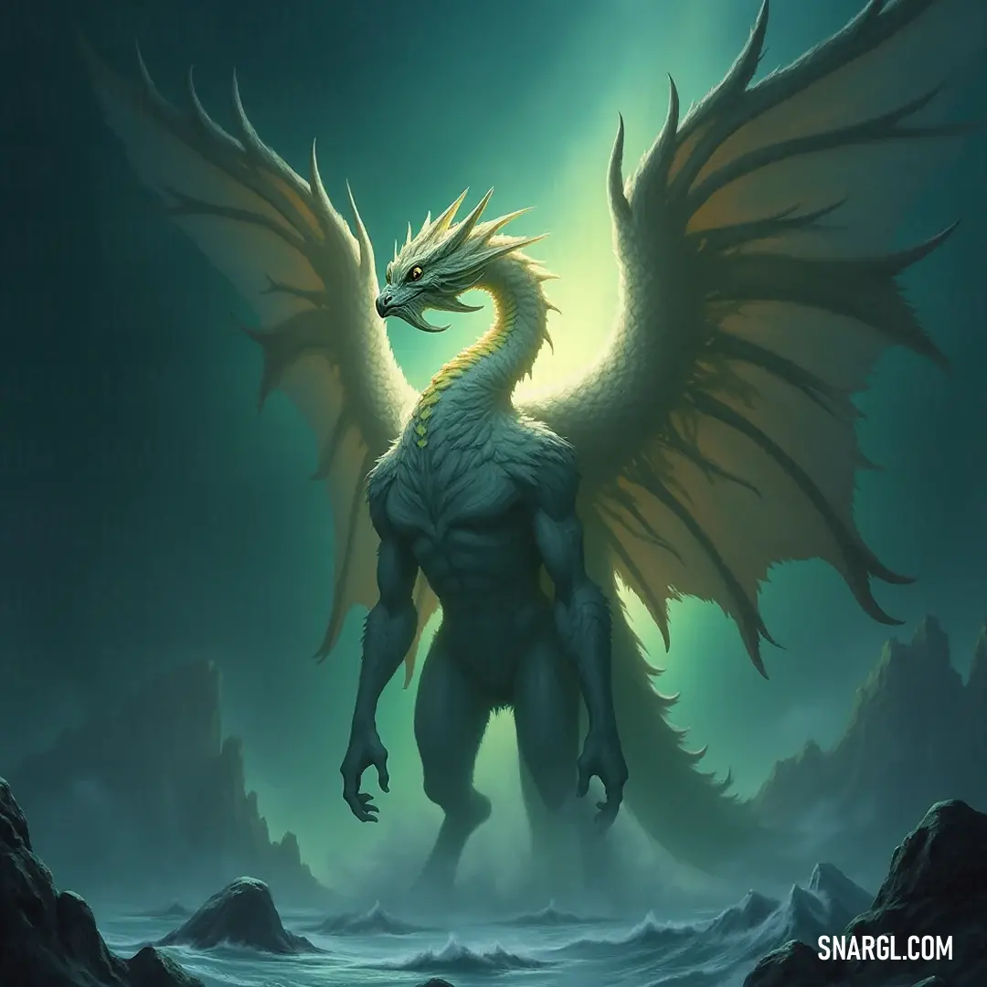 A stunning white Arel with large, shimmering wings stands elegantly in tranquil waters, a magical green glow illuminating the air around it, evoking feelings of wonder and serenity in this mysterious landscape. A majestic white Arel with expansive, iridescent wings is gracefully poised in shimmering water, illuminated by a mystical green aura radiating from behind its head, creating an enchanting scene of serene beauty and ethereal power.