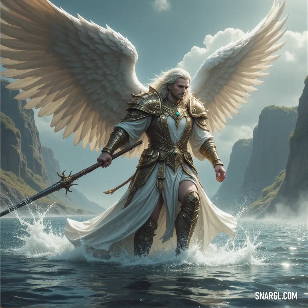In a serene yet powerful moment, Arel stands with sword in hand and wings spread, his gaze fixed on the distant mountains, the water reflecting his strength. Arel, a warrior with large wings and a gleaming sword, stands in the water with a mountain in the distance. His stance is calm yet powerful, as if guarding the boundary between land, water, and sky.