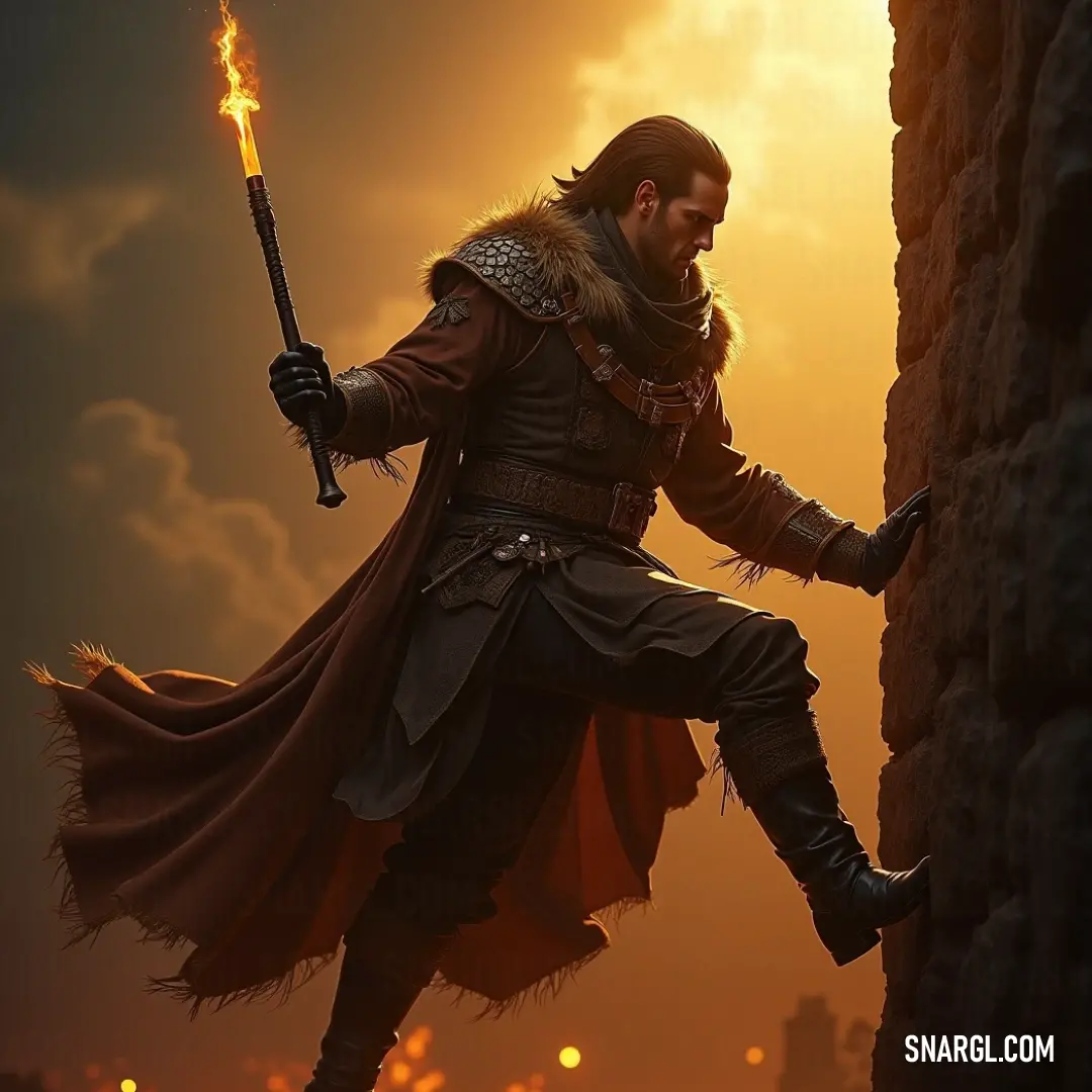 An unwavering warrior stands on a rock holding a sword and a fire stick, embodying bravery and strength amidst flickering flames. A resolute warrior clad in a fierce costume grips a sword and a fiery stick, standing triumphantly atop a rugged rock, as flames flicker and dance, casting shadows that symbolize the struggle and triumph of epic battles.