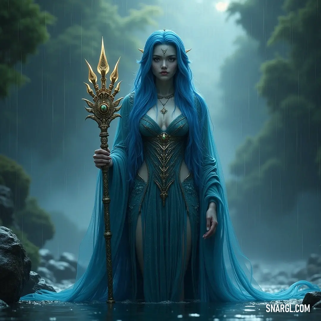 Aretusa, standing confidently in a serene river, showcases her strength while connected to the magical surroundings of rocks and trees as she wields her staff. In a mystical river, Aretusa stands poised with her blue hair flowing elegantly, firmly gripping a staff. Surrounded by the tranquil sounds of nature, her powerful stance against the backdrop of towering rocks and flourishing trees creates an enchanting d
