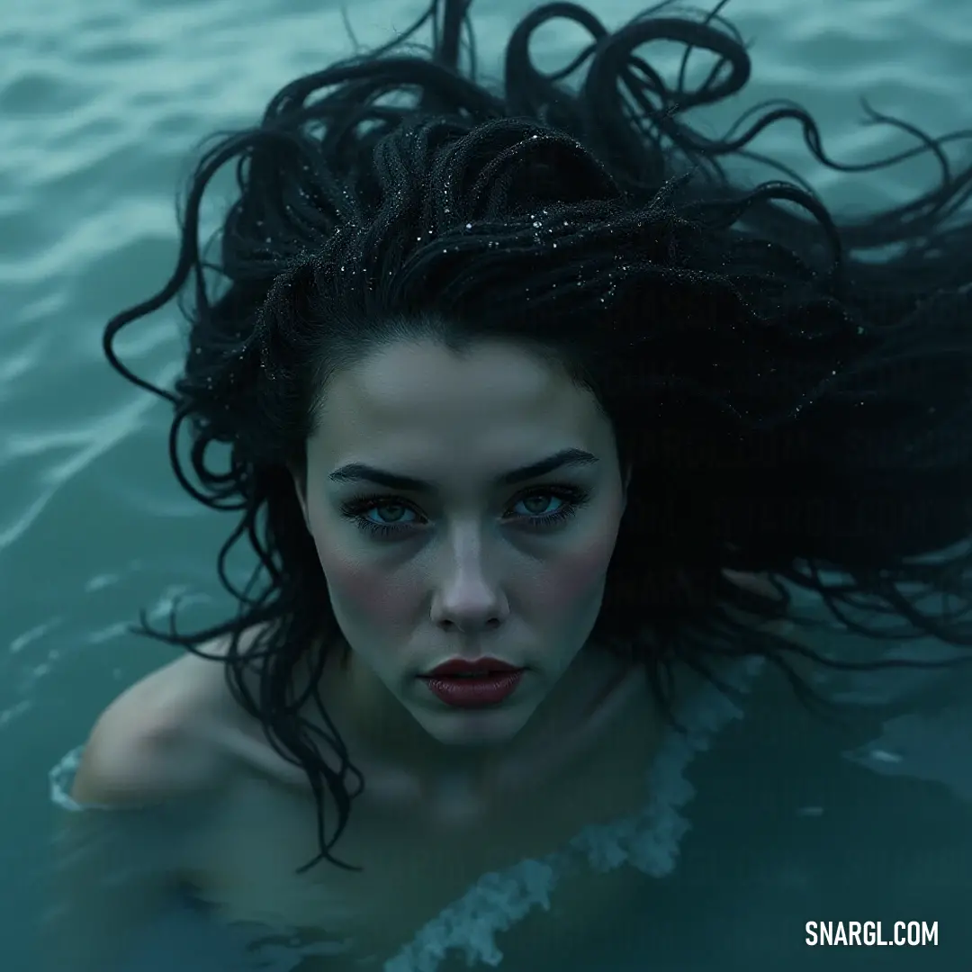 Ariadne drifts serenely in the dark blue water, her long hair flowing like a majestic river, beautifully intertwined with the whispers of the wind. Ariadne, her long dark hair gracefully floating in the deep blue water, appears ethereal as the wind playfully tousles her hair. The tranquil scene captures the serenity of nature, where water meets the gentle breeze in a breathtaking moment of beauty.