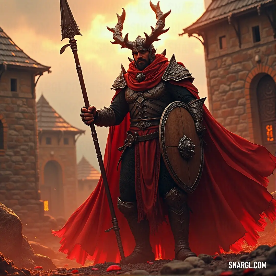 Aric, wearing a horned headpiece and red battle gear, holds a sword and shield, ready for the fight ahead. A mighty warrior named Aric, dressed in a fierce red outfit with horns on his head, wields a sword and shield, standing tall in preparation for battle.