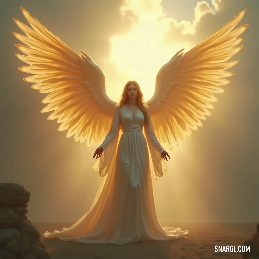 A radiant figure with wings stands in the sun, arms outstretched, basking in the warmth and light, evoking a sense of peace and connection with the universe around her.