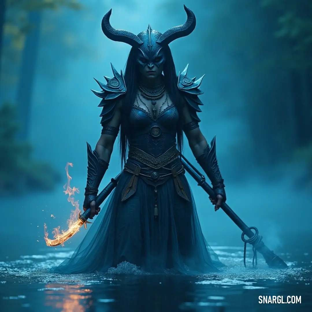 Draped in an enchanting blue dress, Arisha stands by a river, a fire stick aglow in her hand, with magnificent horned figures surrounding her, conjuring an atmosphere of magic and adventure. Arisha stands at the edge of a flowing river, adorned in a beautiful blue dress, holding a fiery stick in one hand while majestic horned sculptures loom around her, creating a scene of wonder and magic.