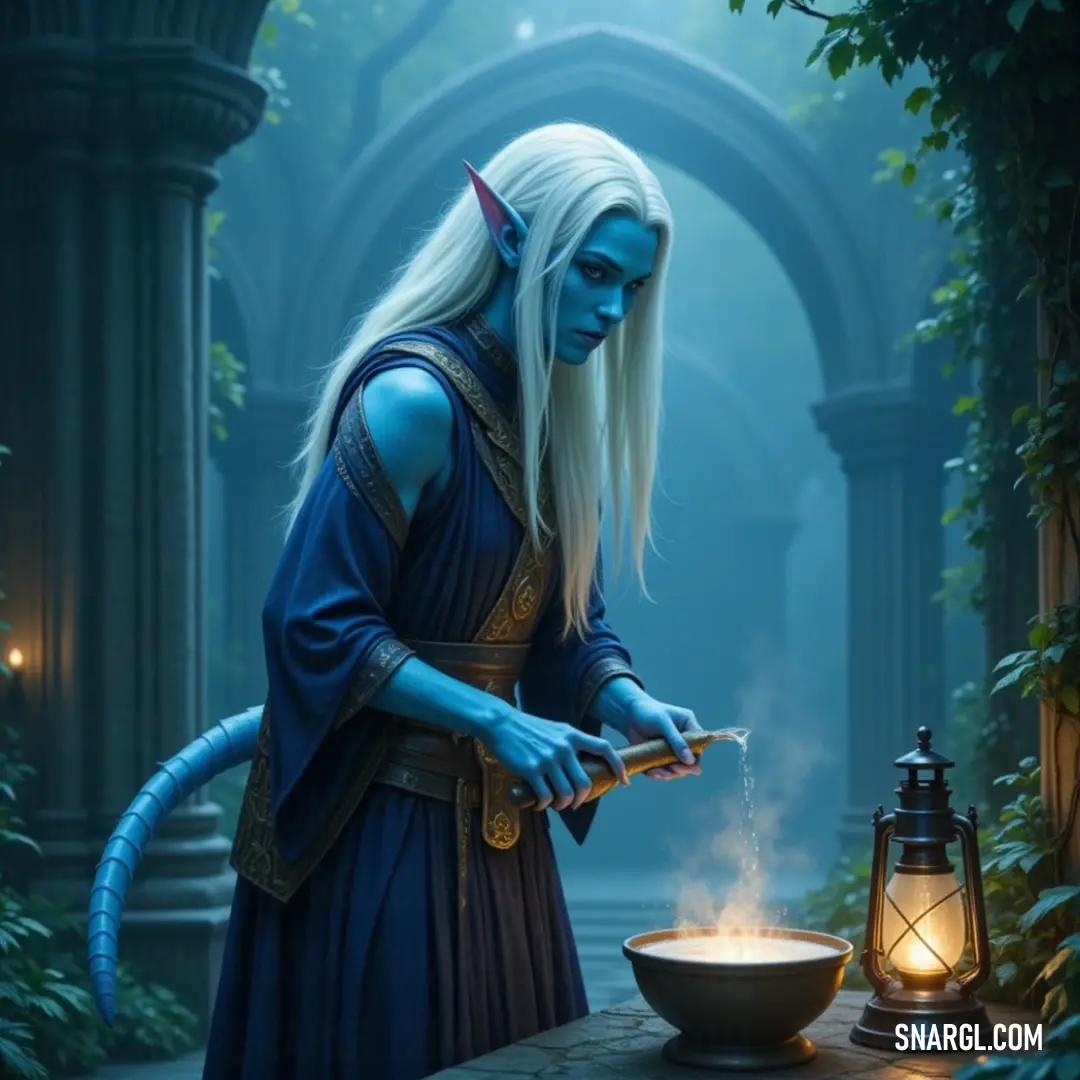 The enchanting Arko'narin, garbed in shimmering wizard attire, is seen gently stirring a mystical bowl of flames, a flickering candle illuminating her determined expression and the magical atmosphere around her.