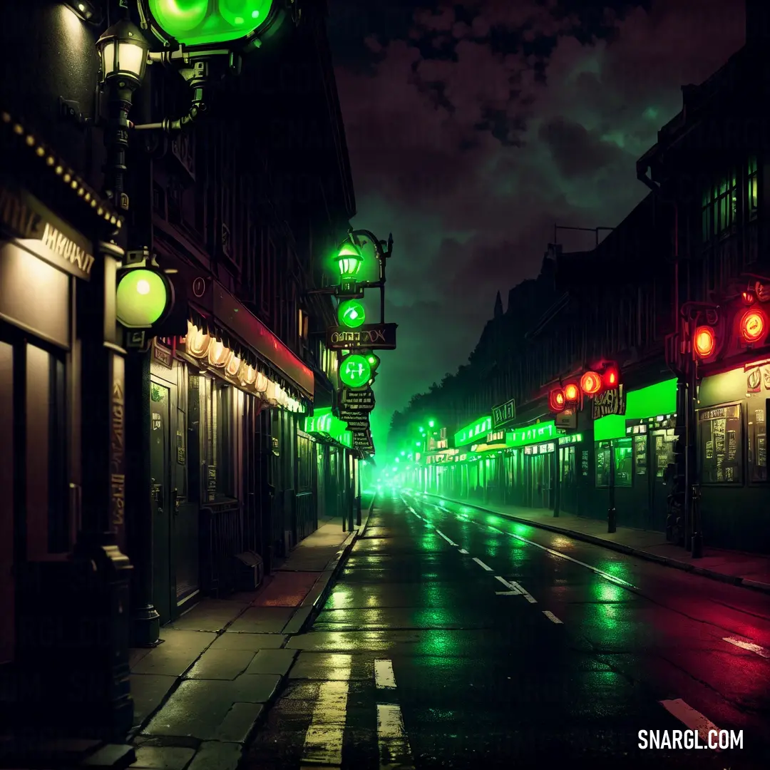 City street at night with a green traffic light and a green traffic light on the corner of the street