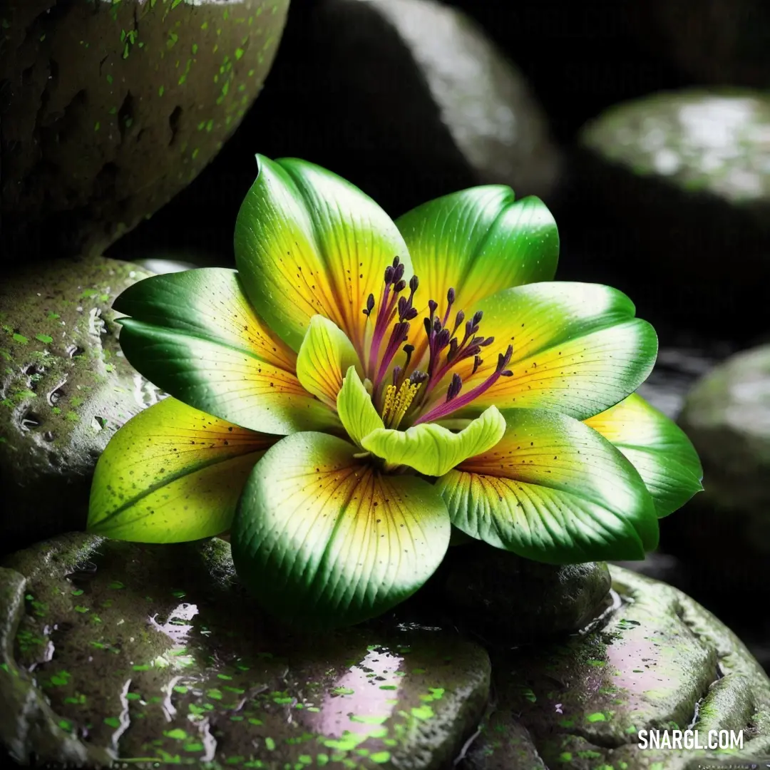 Green and yellow flower on top of rocks and water droplets on the ground next to it is a green plant