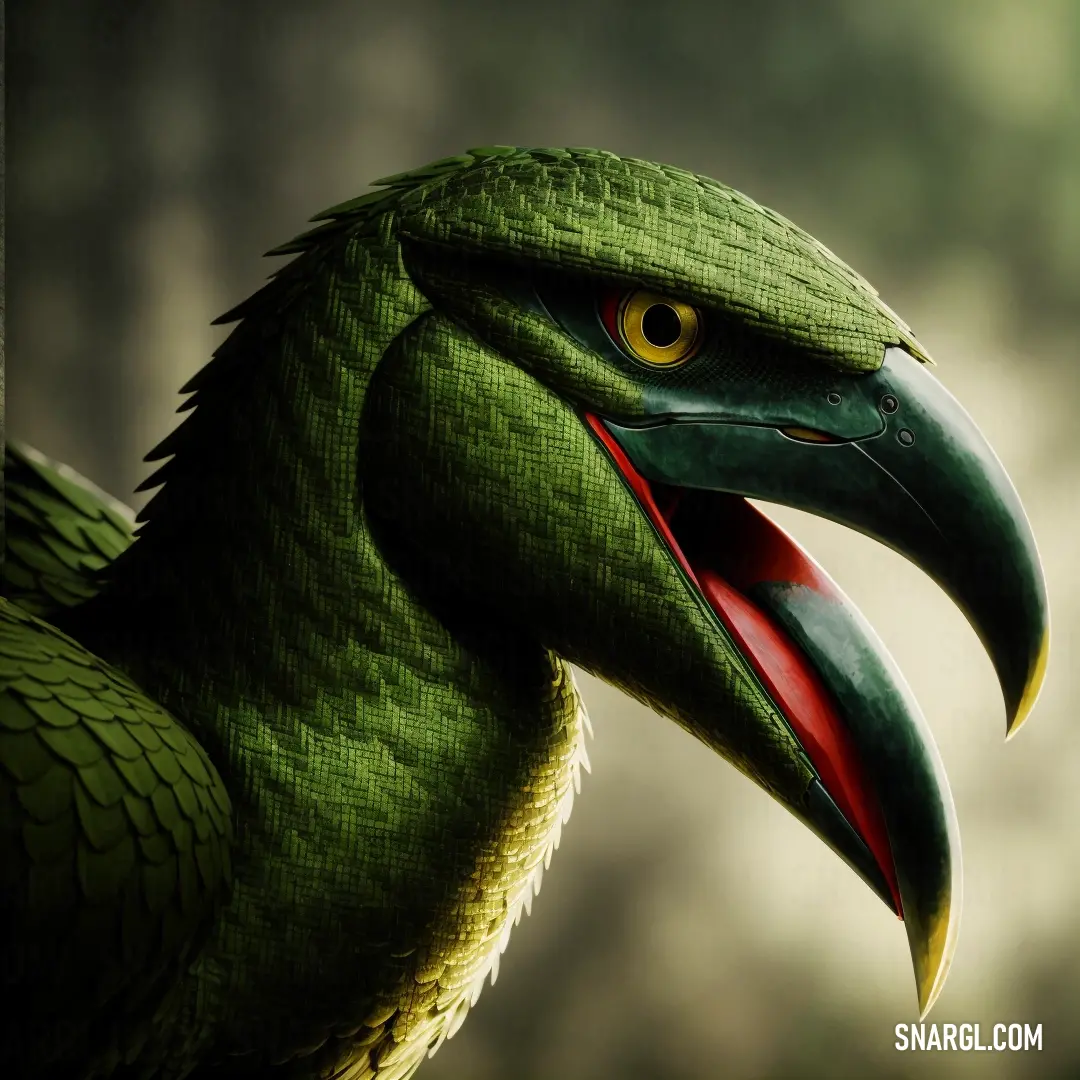 Green bird with a red beak and a black beak with a red beak and a green background with trees