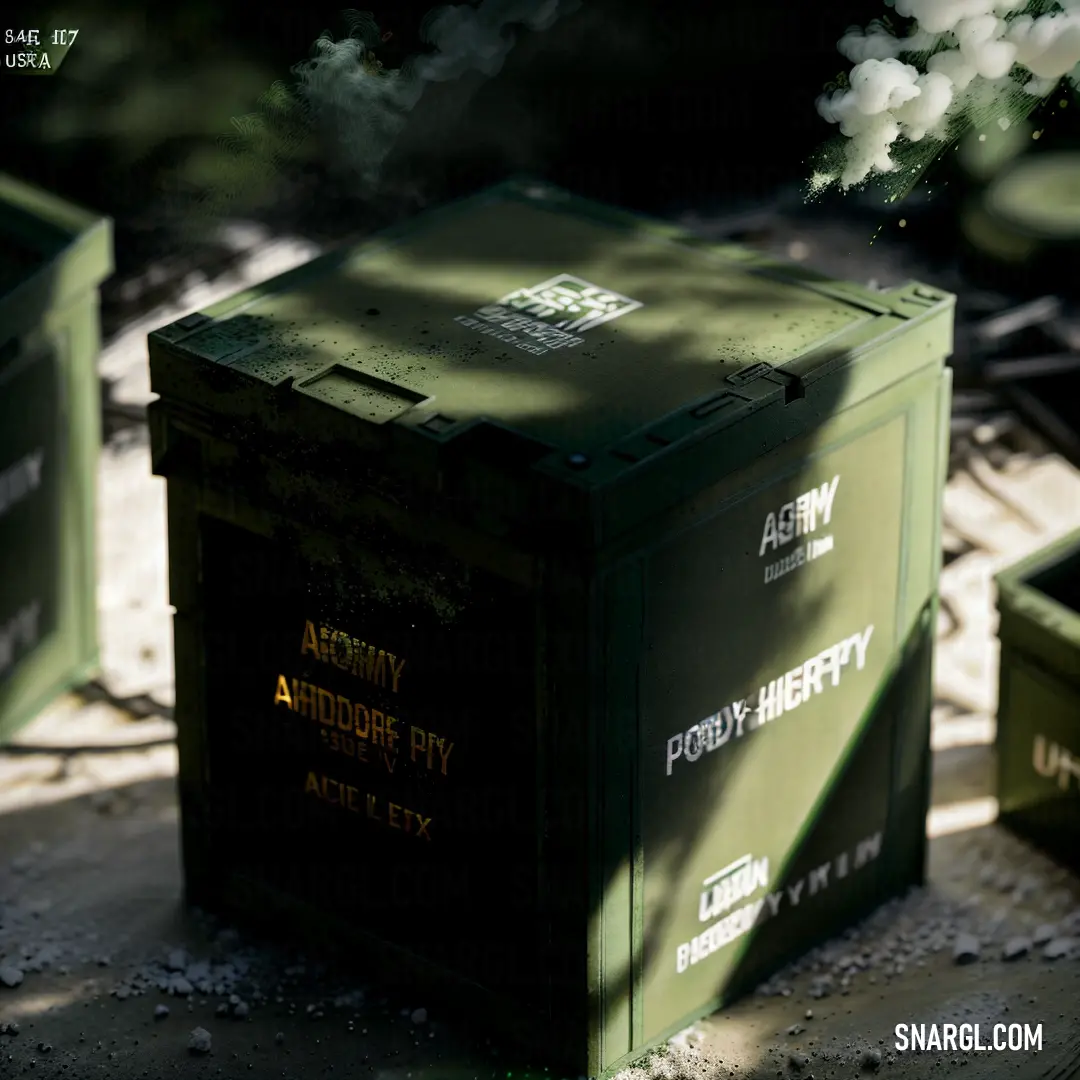 Green box on top of a wooden table next to a forest filled with trees and rocks and smoke
