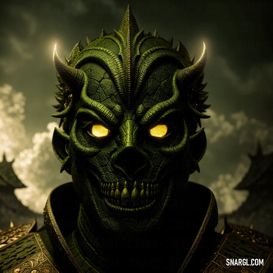 Green demon with yellow eyes and a green head with horns