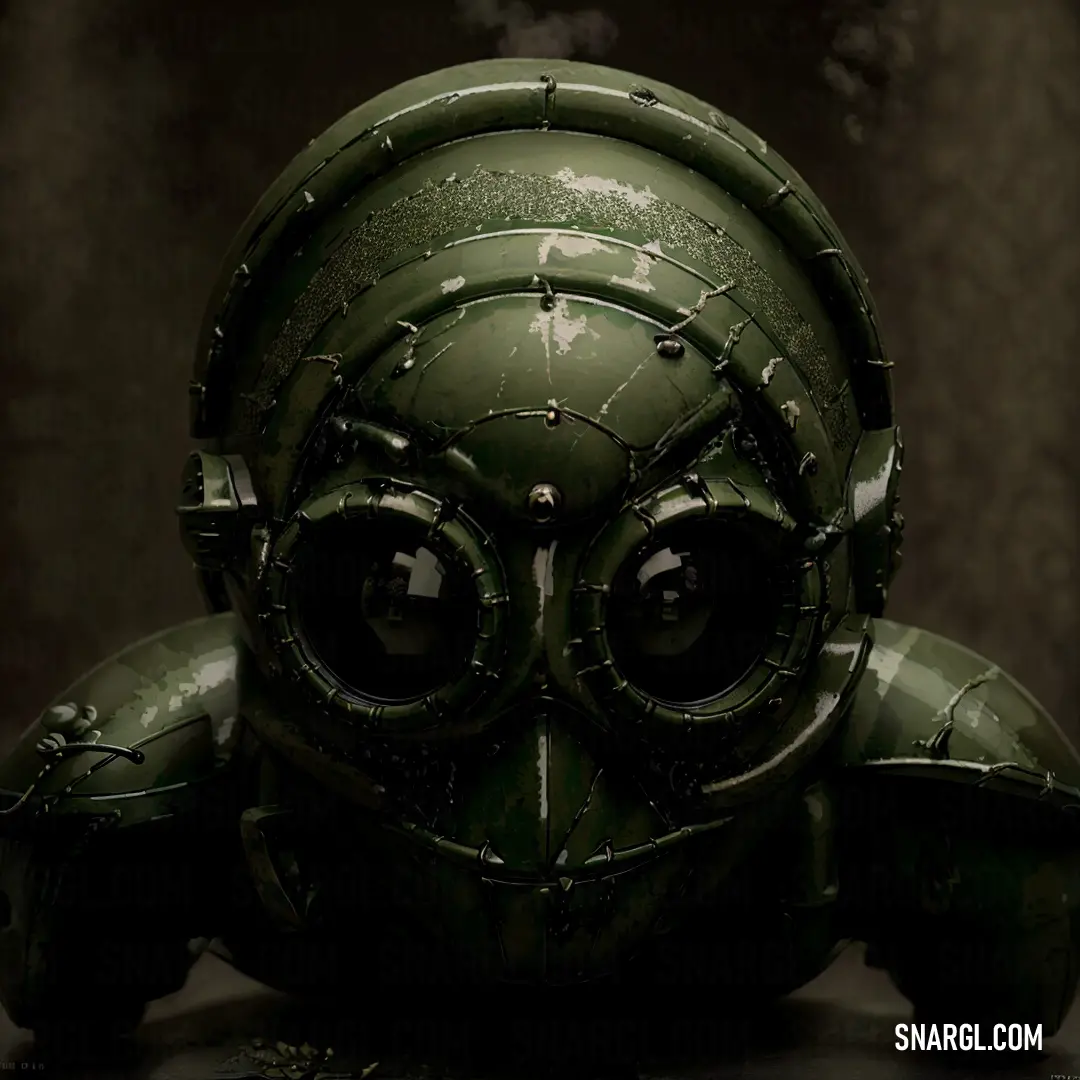 Green robot with big eyes and a steampunky face is shown in this artistic photo of a strange looking robot