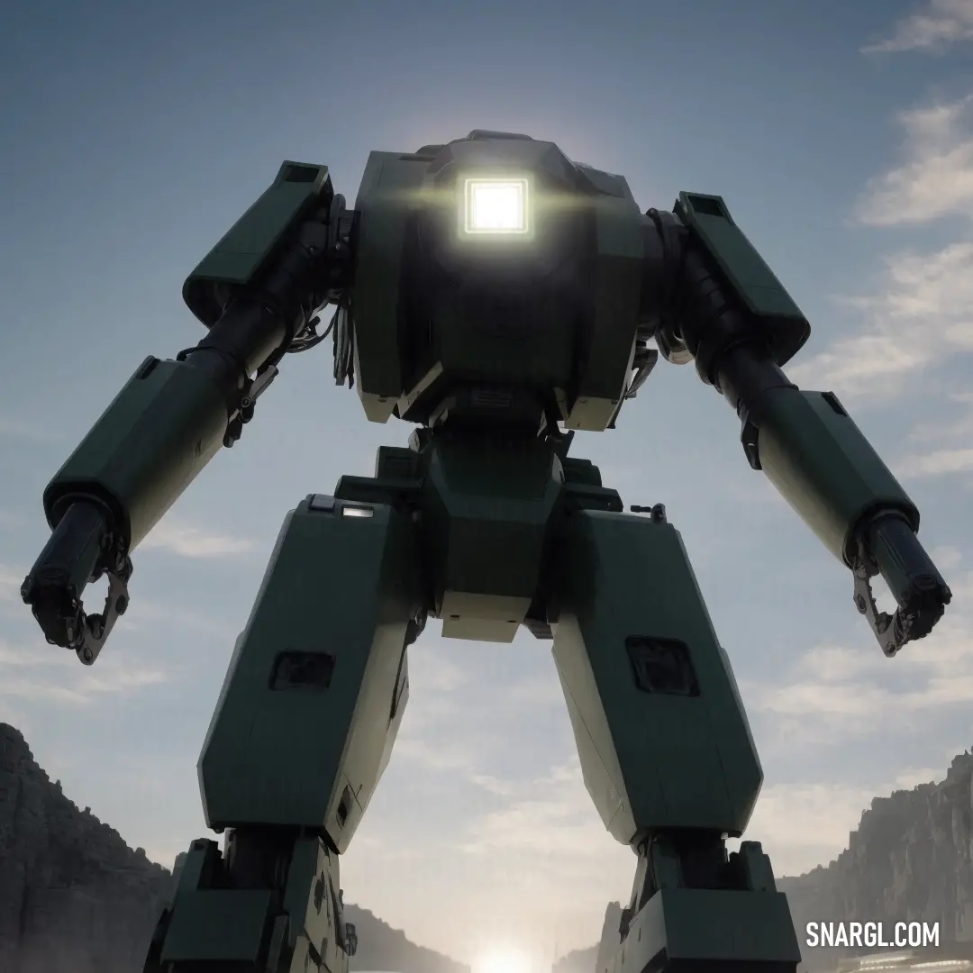 Large robot standing in front of a mountain range with a bright light on it's face and arms