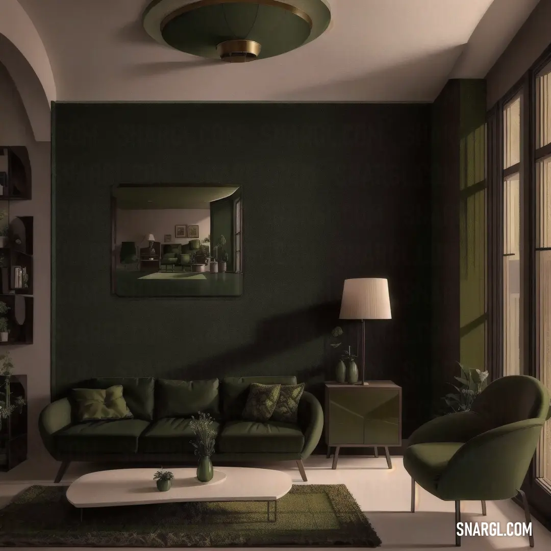 Living room with a green couch and a white coffee table and a green chair and a mirror on the wall
