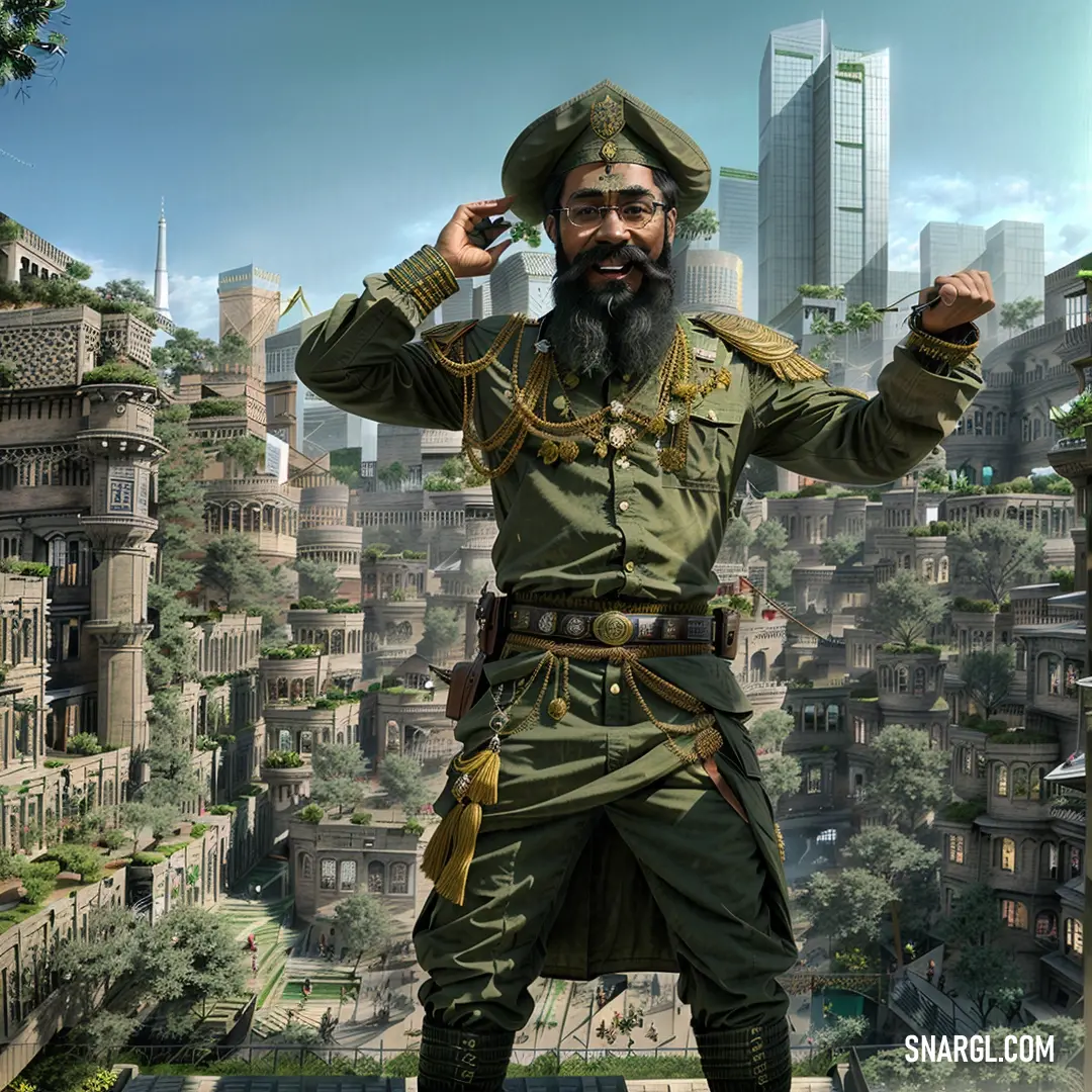 Man in a green uniform standing in front of a cityscape with a beard and mustache