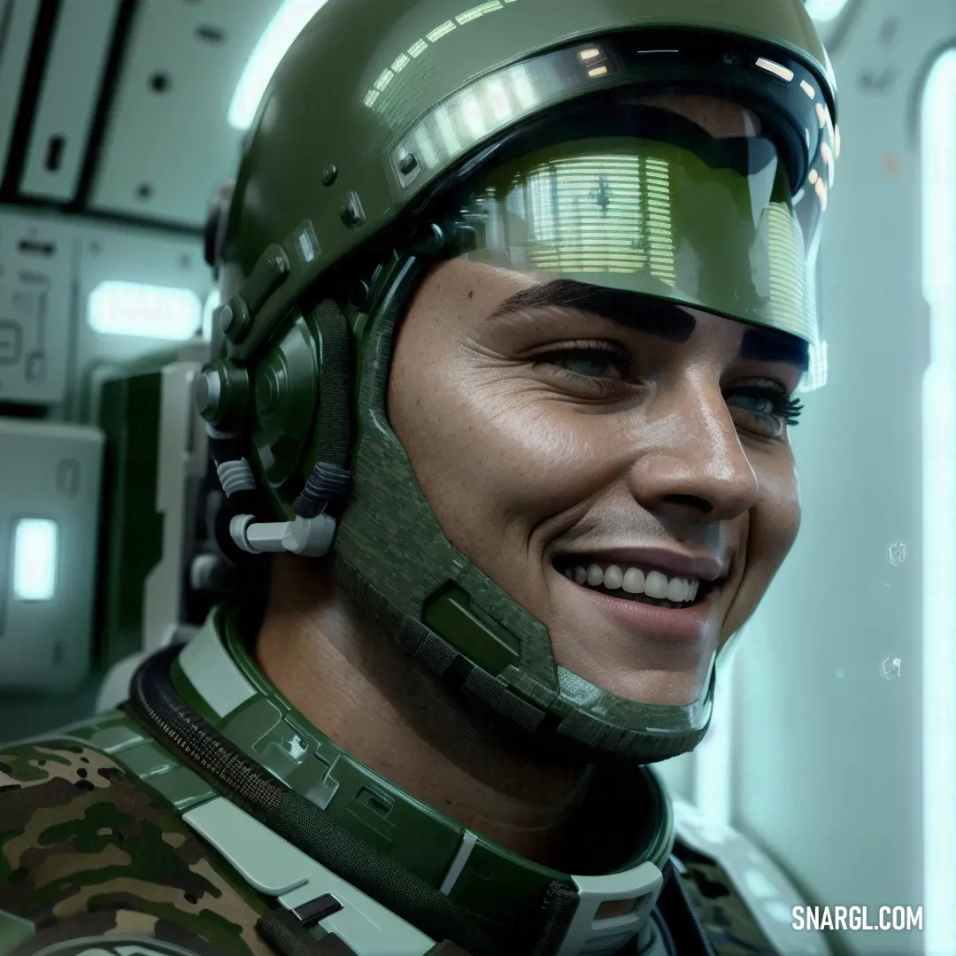 Man in a helmet and uniform smiling for the camera in a futuristic setting with lights on the ceiling