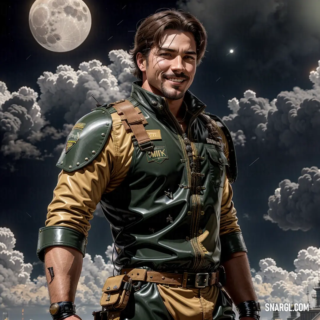 Man in a leather outfit standing in front of a full moon and clouds