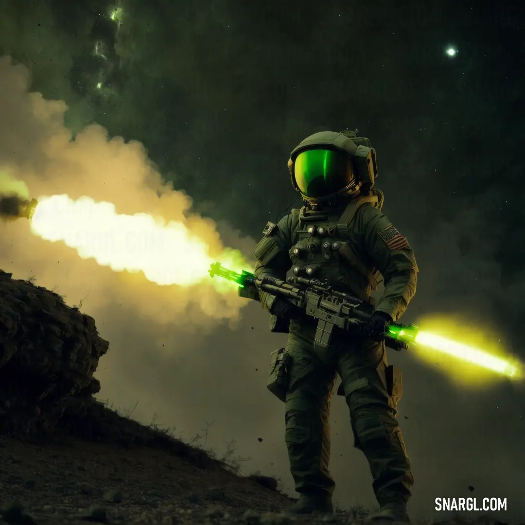 Man in a space suit holding a green laser gun in his hand and a green light emitting from his arm
