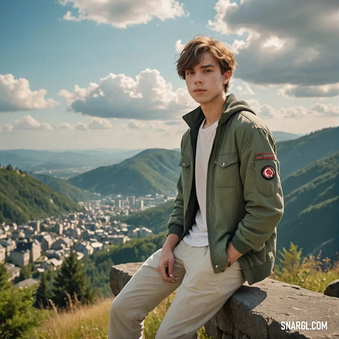 Army green color example: Man on a rock looking at the camera with a city in the background