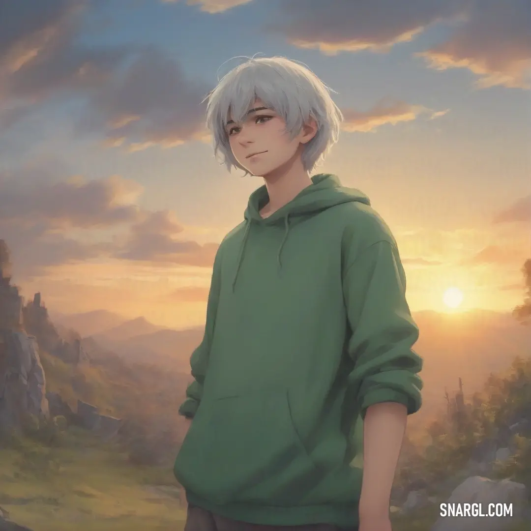 Man with white hair and a green hoodie standing in front of a sunset with a mountain in the background. Color CMYK 10,0,61,67.