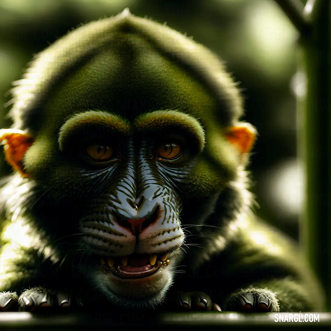 Monkey with a green face and a black nose and a green background with a green pole and a tree