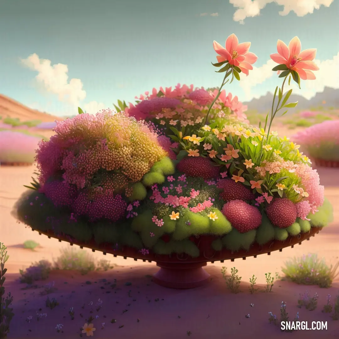 Painting of a flower covered cake in the desert with flowers on top of it and a sky background